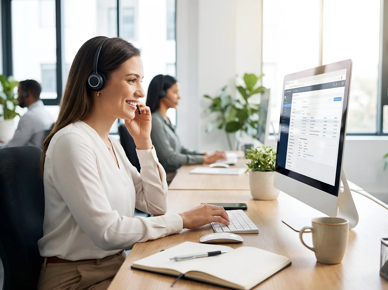 woman, office, work, desk, business, notebook, workplace, write, team, monitor, computer, mouse, screen, office work, headset, hotline, call center, communication, service, consulting, secretary, ai generated