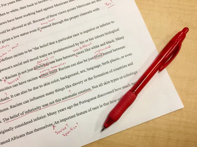 mistakes, editing, school, red ink, corrections, first draft, teacher, red pen, marks, english, classes, editing, editing, editing, editing, editing, red pen. Recording corrections to an AI-assisted answer